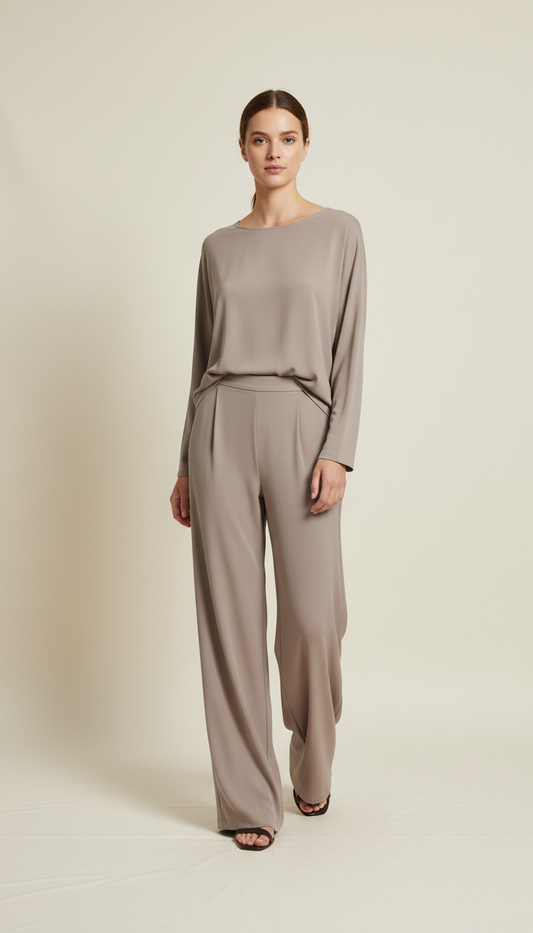 Soft taupe wide-leg trouser set