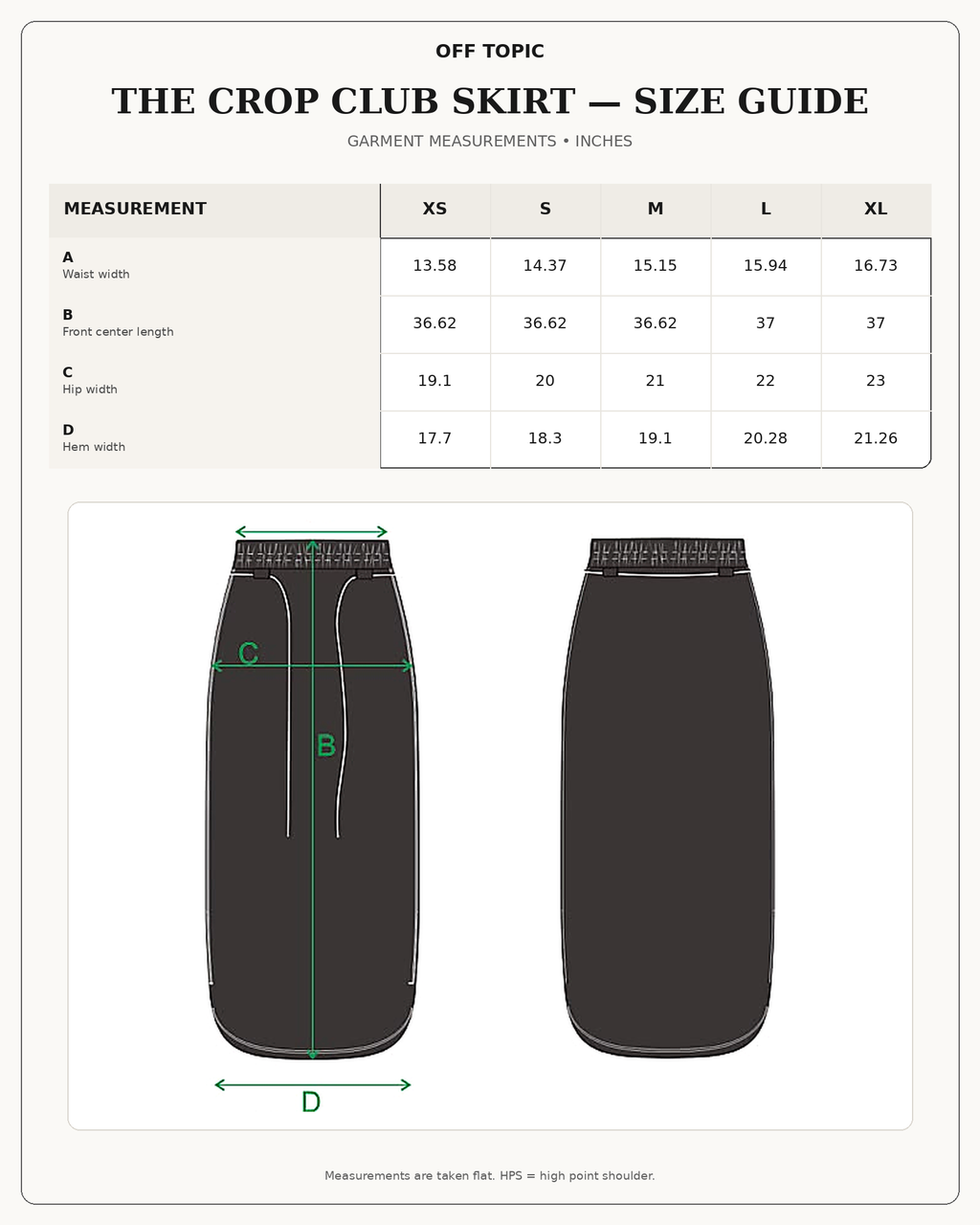 The Crop Club Skirt size guide in inches