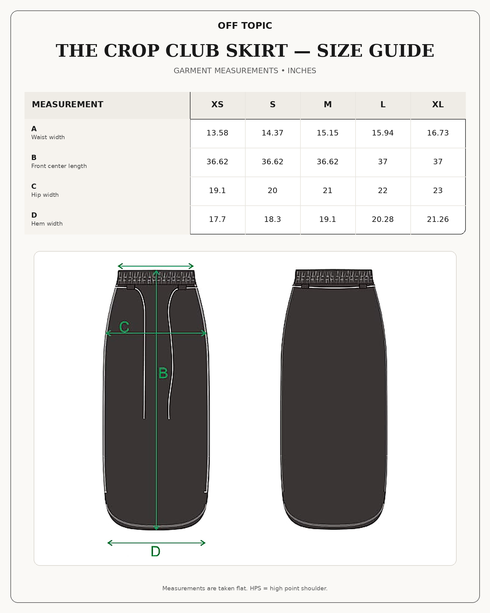 The Crop Club Skirt size guide in inches
