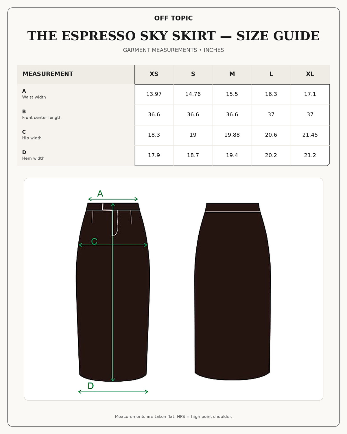 The Espresso Sky Skirt size guide in inches