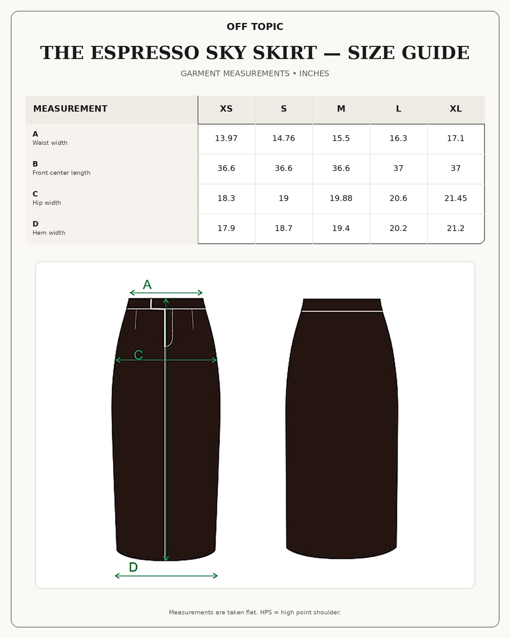 The Espresso Sky Skirt size guide in inches