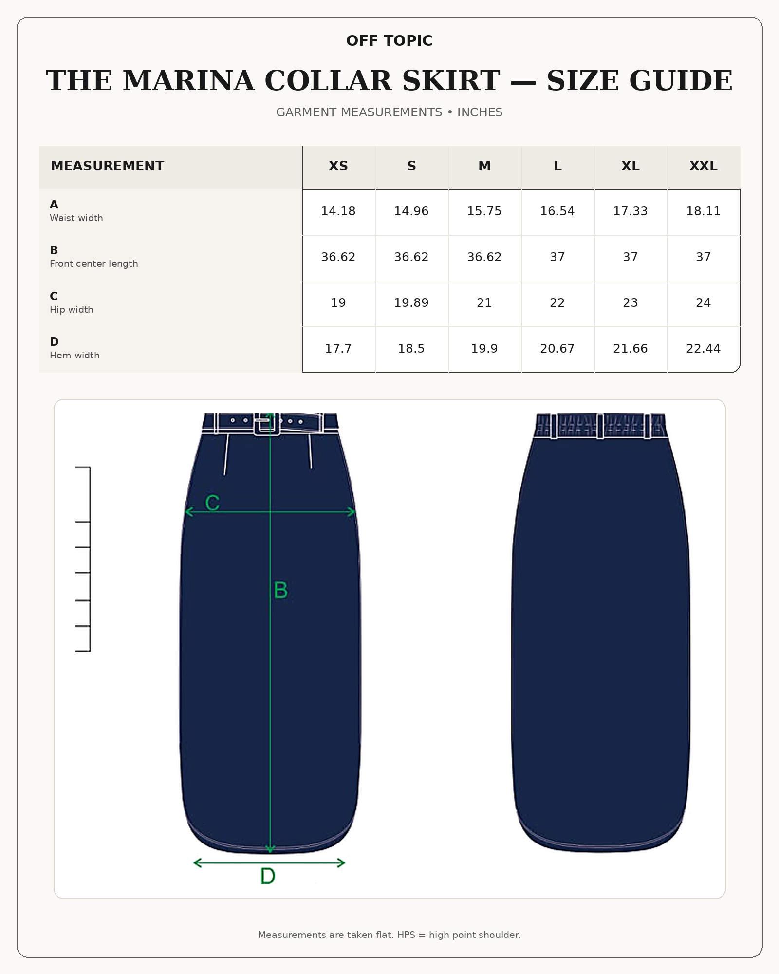 The Marina Collar Skirt size guide in inches