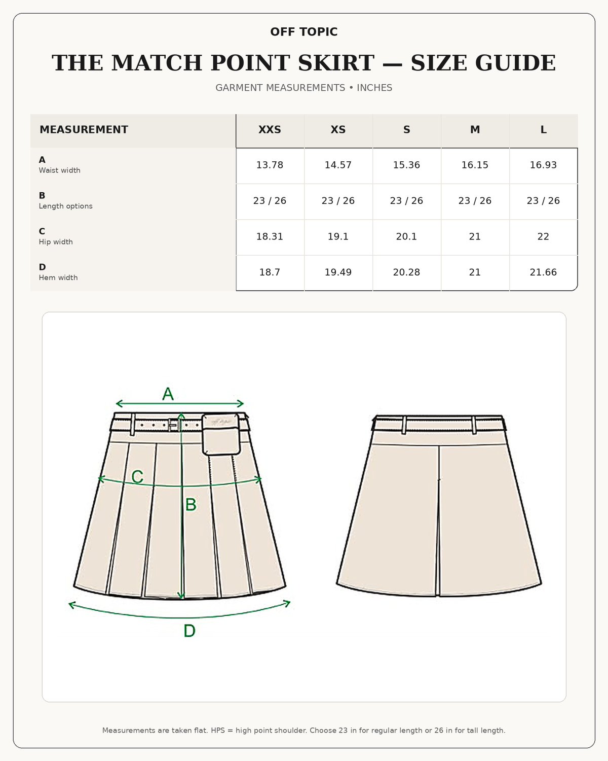 The Match Point Skirt size guide in inches