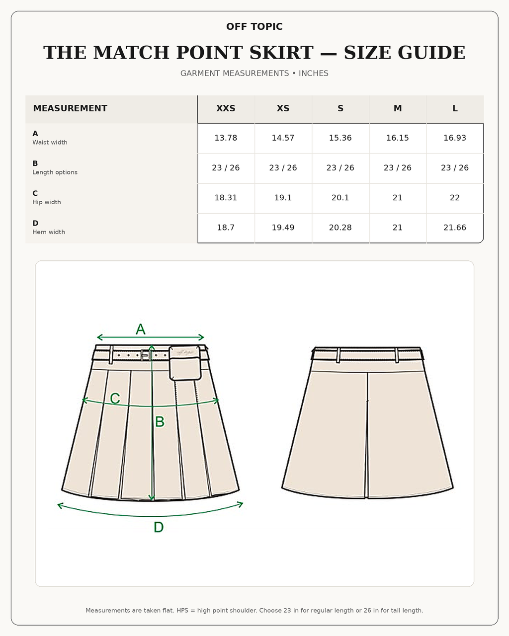 The Match Point Skirt size guide in inches