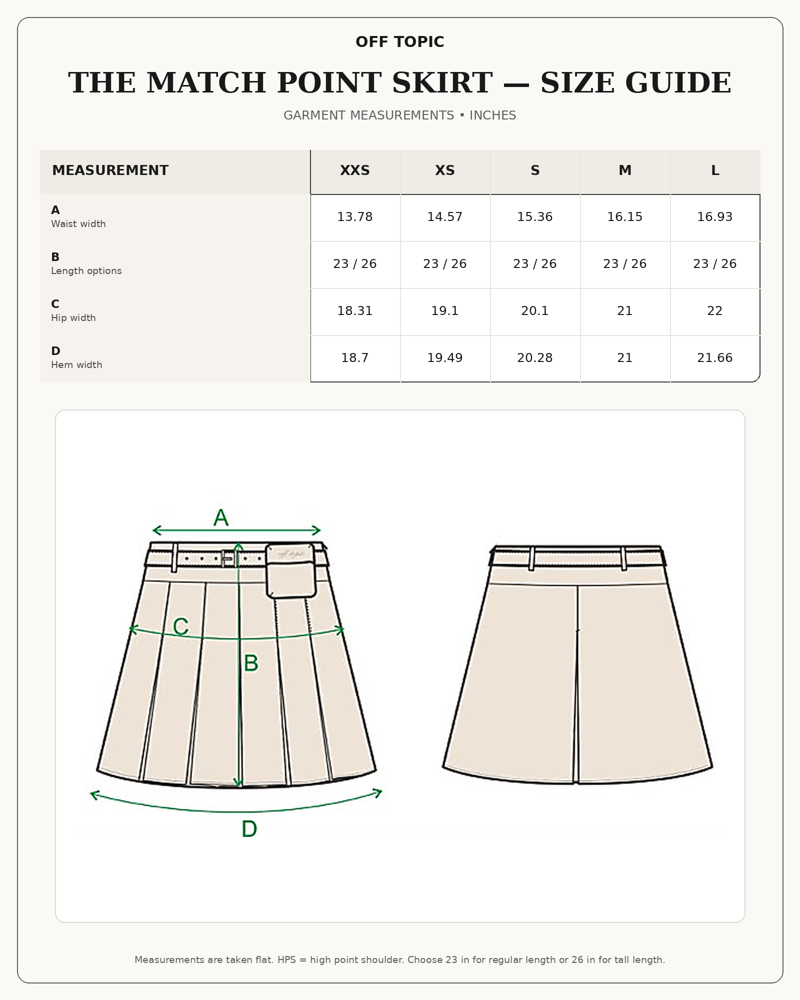 The Match Point Skirt size guide in inches