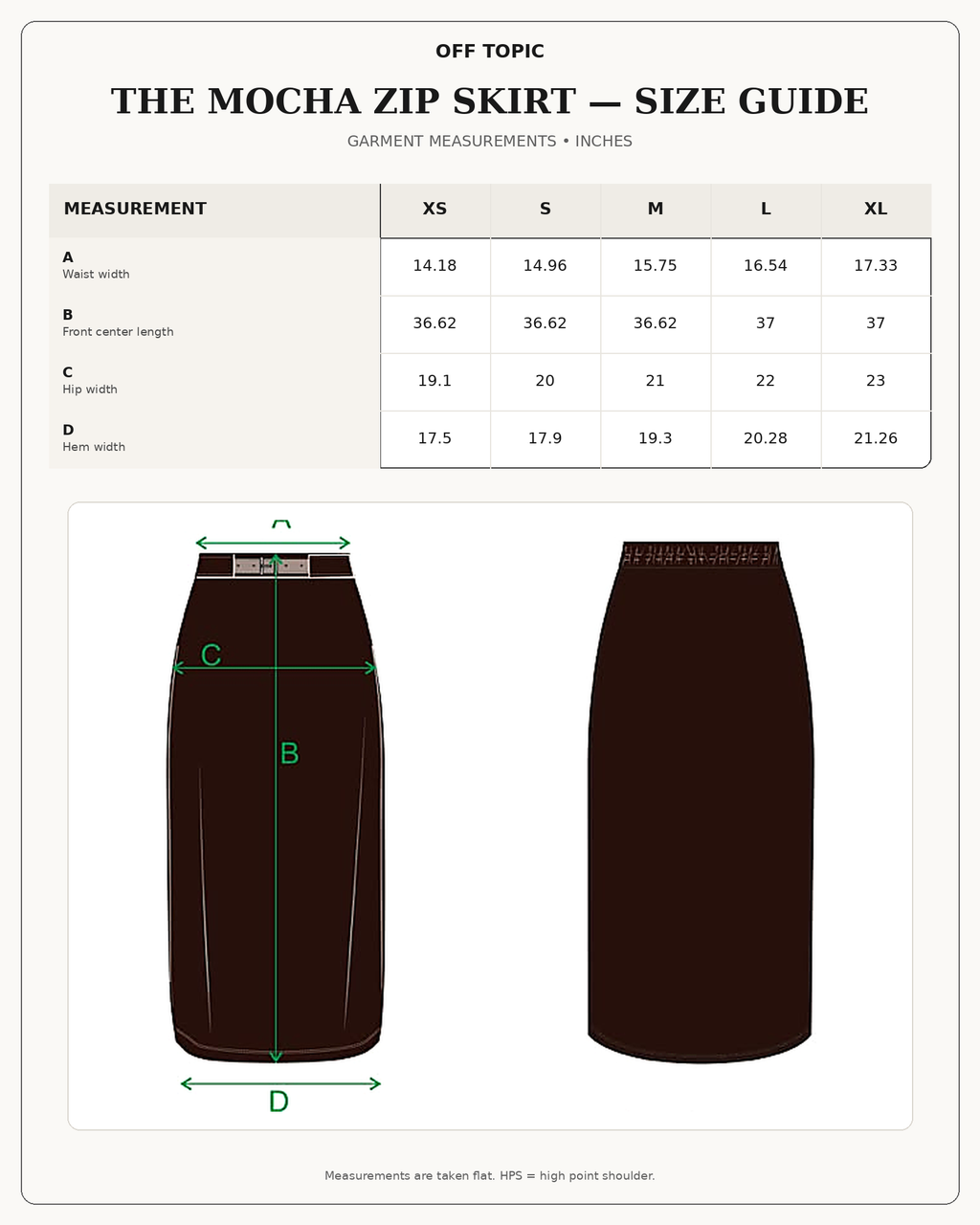 The Mocha Zip Skirt size guide in inches