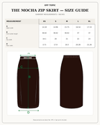The Mocha Zip Skirt size guide in inches